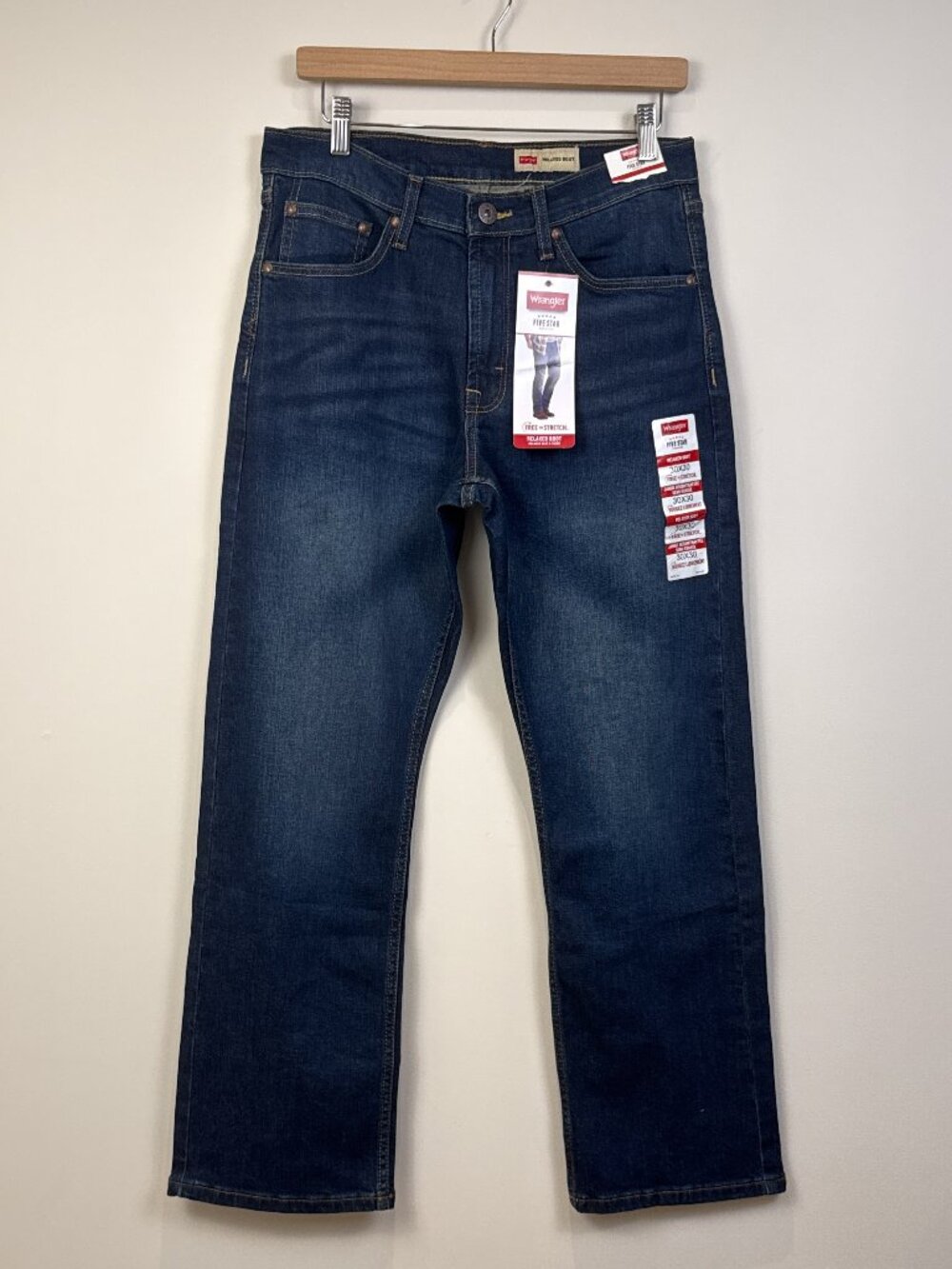 Wrangler Five Star Mens Relaxed Bootcut Jeans Stretch Dark Wash Denim 30x30